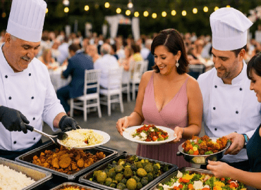 Doyum Yemek’in Ankara düğünleri için hazırladığı yemek menüsü. Et kavurma, pilav, salata, tatlı, ayran ve ekmek seçenekleri bulunur.