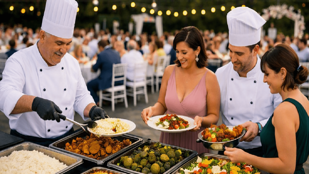 Doyum Yemek’in Ankara düğünleri için hazırladığı yemek menüsü. Et kavurma, pilav, salata, tatlı, ayran ve ekmek seçenekleri bulunur.